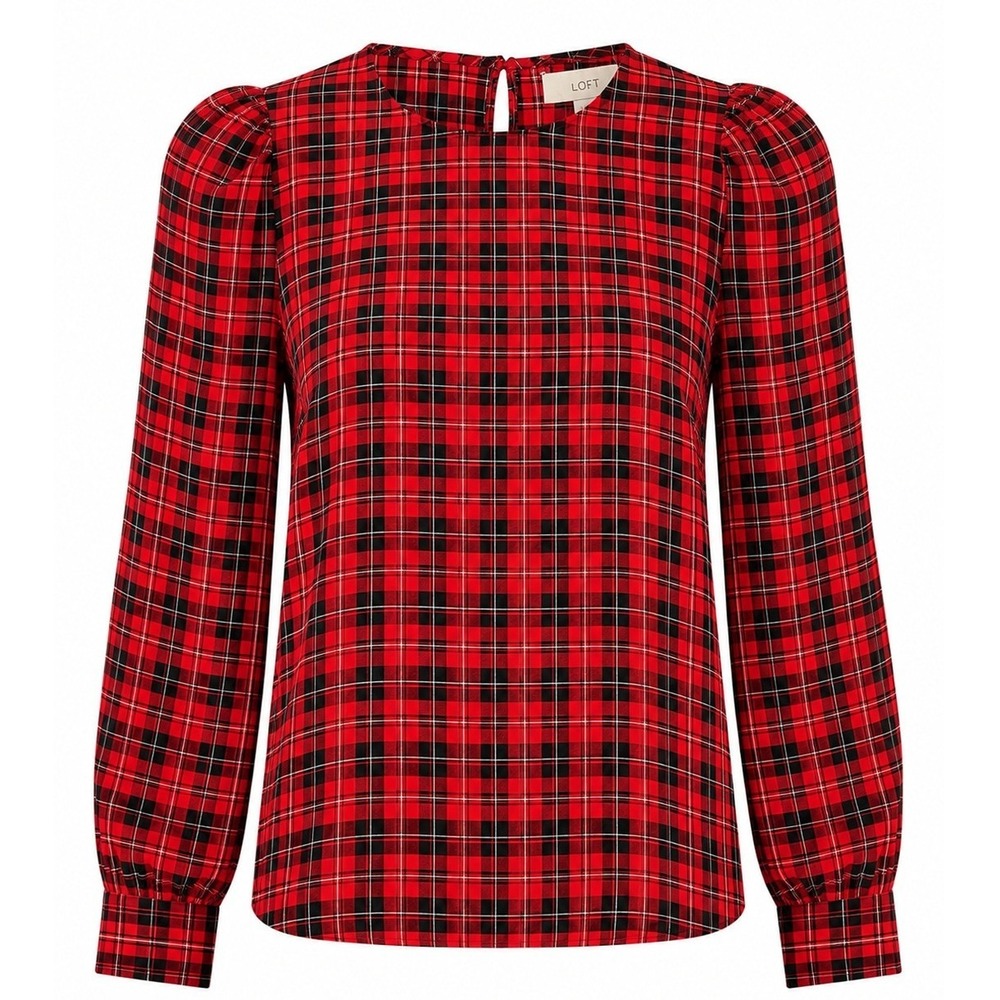 LOFT Plaid Keyhole Back Relaxed Blouse Red Sz M